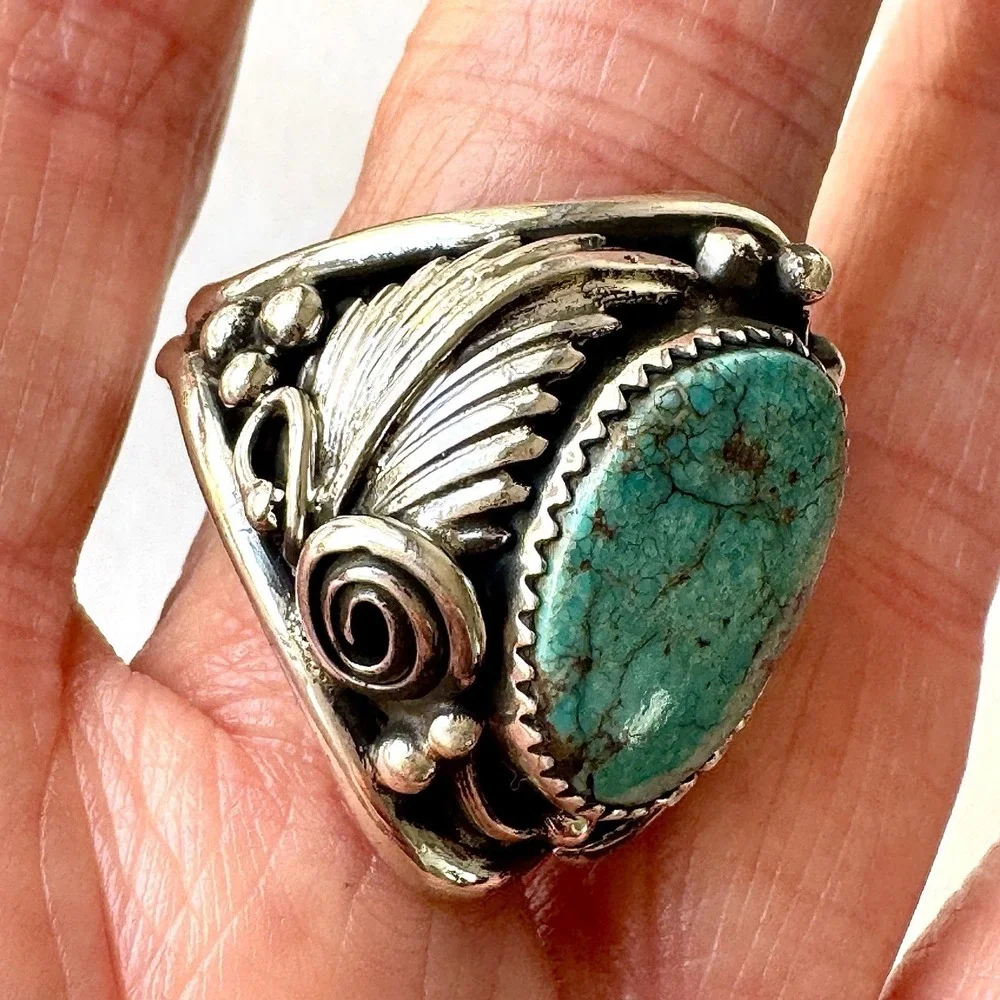 Navajo Turquoise Mens Ring Sz 12 Leaf Feather Signed Morgan Sterling Native